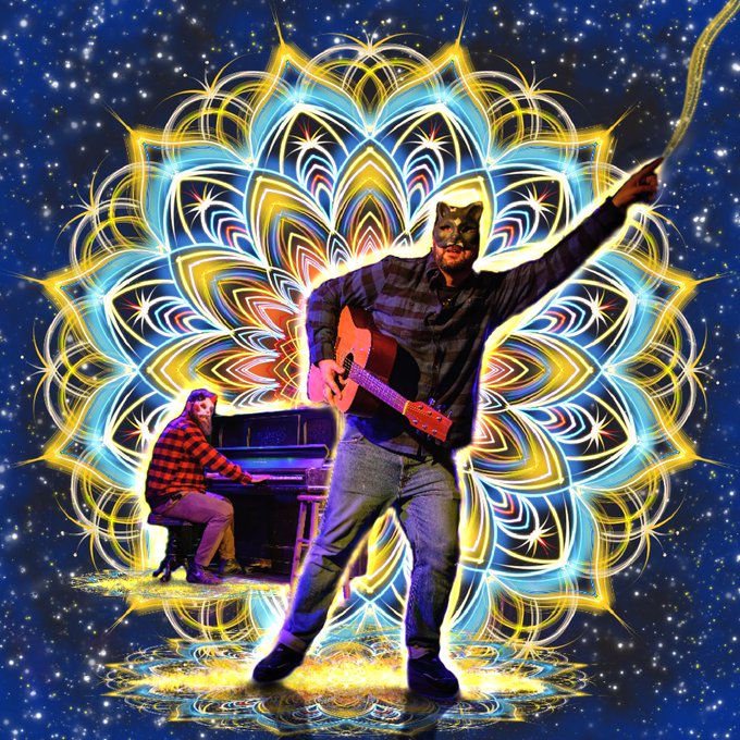 A psychedelic digital artwork features a figure with a cat mask playing a guitar in front of a vibrant mandala pattern, with another person playing a piano in the background against a starry sky.
