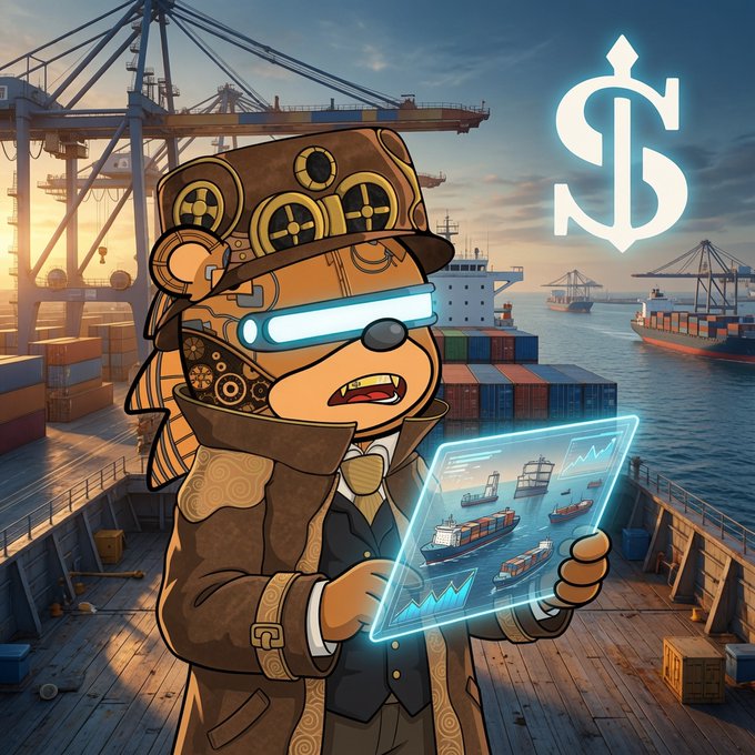 An illustrated steampunk bear character wearing a top hat with goggles and a trench coat, holding a glowing blue holographic display showing shipping container data, set against a busy port background with a dollar sign icon.