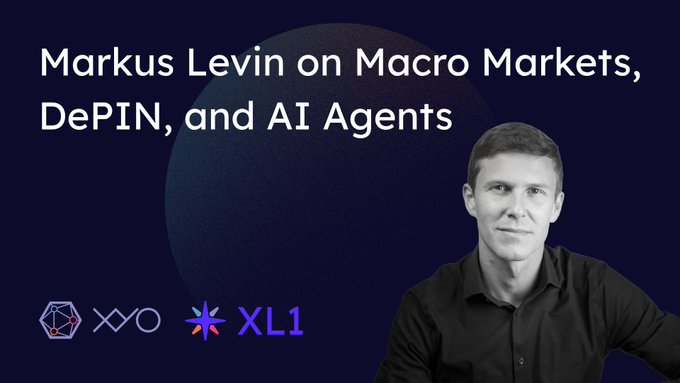 Promotional graphic for a blog post featuring XYO Co-Founder Markus Levin, titled "Markus Levin on Macro Markets, DePIN, and AI Agents," with the XYO and XL1 logos displayed alongside his black-and-white portrait.