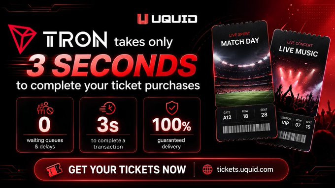 The promotional graphic features the UQUID and TRON logos alongside text stating "TRON takes only 3 SECONDS to complete your ticket purchases," with stats highlighting 0 waiting queues & delays, a 3-second transaction time, and 100% guaranteed delivery. Two sample tickets for "MATCH DAY" (Gate A12, Row 18, Seat 28) and "LIVE MUSIC" (Section VIP, Row 07, Seat 15) are shown against a dark stadium background, reinforcing the post's message about TRON's fast crypto settlement eliminating the digital queues that plague live event ticket purchases.