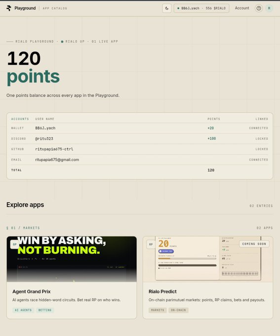 A Rialo Playground dashboard displaying 120 points balance across connected accounts (Wallet, Discord, GitHub, Email) and app listings including 'Agent Grand Prix' and 'Rialo Predict'.