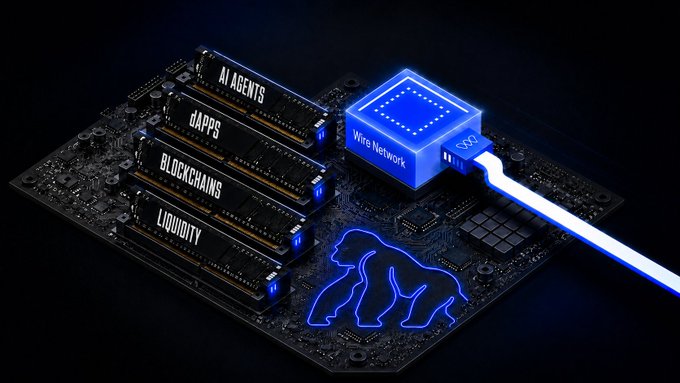 A circuit board displays illuminated RAM slots labeled "AI AGENTS," "dAPPS," "BLOCKCHAINS," and "LIQUIDITY," connected to a glowing blue "Wire Network" port alongside a neon blue ape silhouette. The image visually reinforces the post's message by depicting ApeChain integrating directly into Wire Network's core infrastructure as a node operator, rather than just connecting as an outside application.