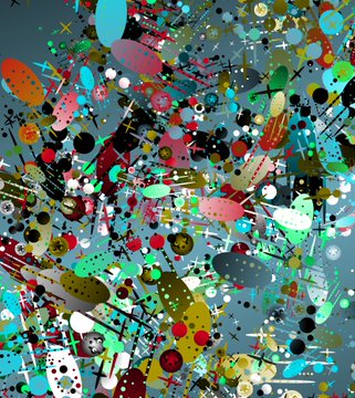 A colorful abstract artwork featuring various shapes, lines, and splatters in shades of teal, red, yellow, and black.