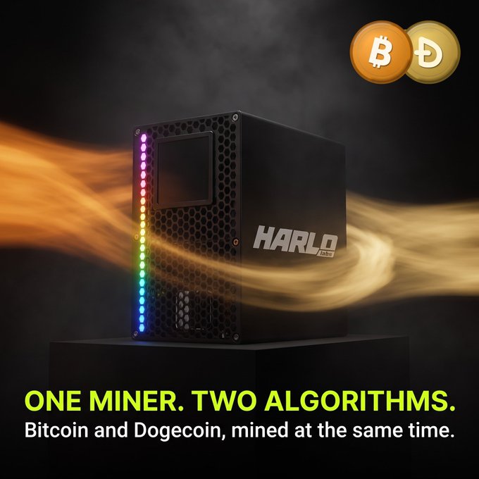 An advertisement for the 'HARLO labs' mining device with text reading 'ONE MINER. TWO ALGORITHMS. Bitcoin and Dogecoin, mined at the same time.'