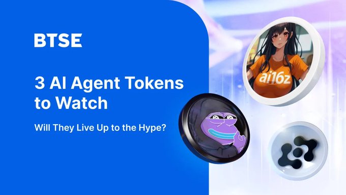 The image displays a blue banner with white text, promoting three AI agent tokens from BTSE. The text reads "AI Agent Tokens (BTSE) will they live up to the hype? Will They Live Up To The Hype?". There are two coins in the image, one featuring an anime design and another having a black and white color scheme. A purple frog is located above both of these coins on the same level as part of the banner.