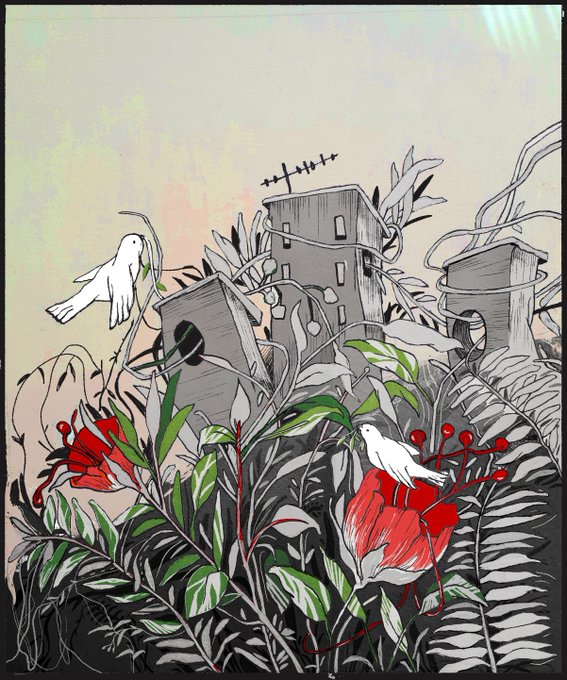 A stylized illustration featuring white birds perched among vibrant red flowers and green foliage, with grey stone structures and a TV antenna in the background.