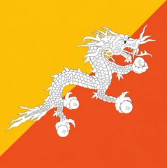 The Bhutan national flag displays its distinctive orange and yellow diagonal halves with a white dragon in the center.