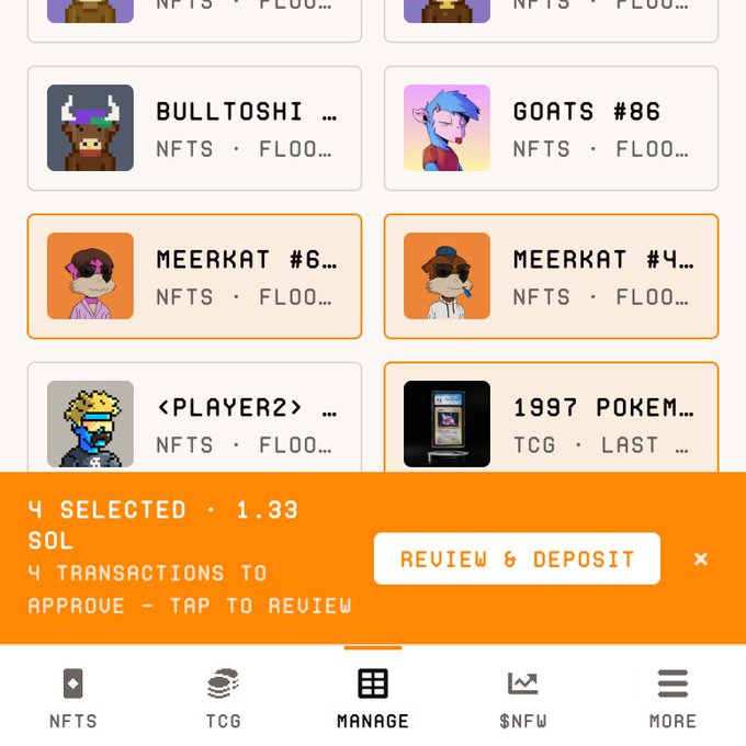 A mobile NFT marketplace interface showing four selected NFT collections (Meerkat #6, Meerkat #4, Player2, 1997 Pokemon) with an orange summary bar reading '4 SELECTED · 1.33 SOL' and a 'REVIEW & DEPOSIT' button.