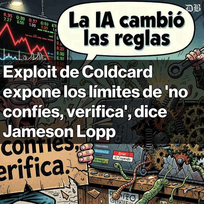 A Spanish-language graphic featuring 'La IA cambió las reglas' speech bubble and text 'Exploit de Coldcard expone los límites de 'no confíes, verifica', dice Jameson Lopp' over an illustration.