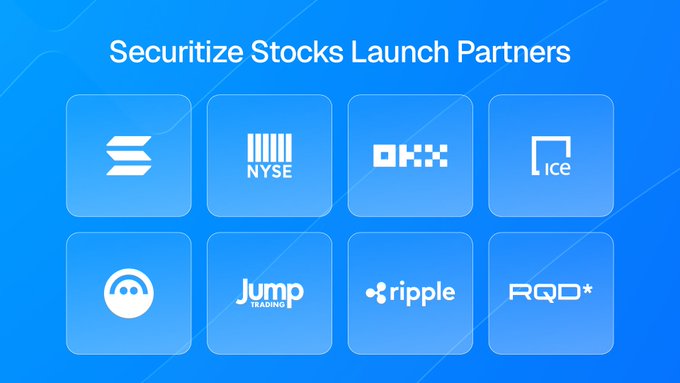 A blue graphic titled 'Securitize Stocks Launch Partners' displays logos for NYSE, OKX, ICE, Jump Trading, Ripple, and RQD.