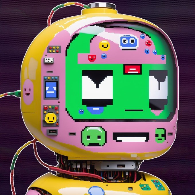 A glossy yellow retro-futuristic robot with a pink screen face displays a glitching green and pink pixelated character surrounded by small smiley emoticons, connecting to the "Kokomoji.art" mint announcement through its playful digital-art aesthetic.