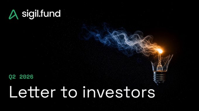 A dark graphic with the "sigil.fund" logo, "Q2 2026" in green, "Letter to investors" in white text, and an image of a spark plug emitting smoke trails.
