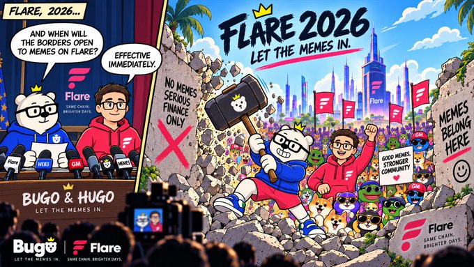 A comic-style promotional graphic titled 'FLARE 2026 LET THE MEMES IN', depicting characters Bugo and Hugo smashing a wall labeled 'NO MEMES SERIOUS FINANCE ONLY' with a hammer, alongside a crowd of meme characters and a city skyline.