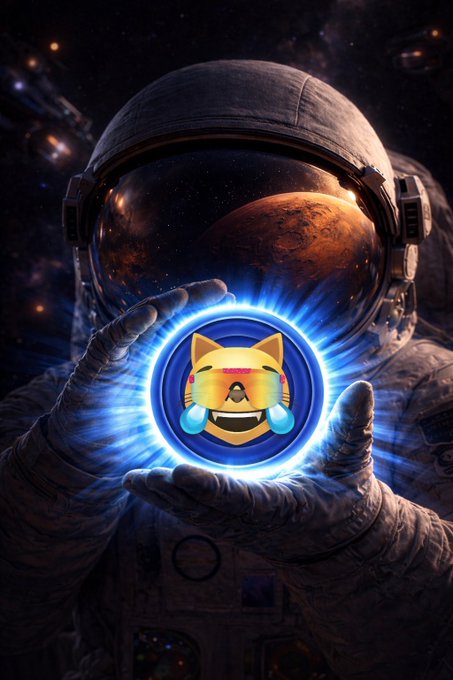 An astronaut in a spacesuit holds out a glowing blue orb containing a crying Shiba Inu meme face, set against a cosmic backdrop with a planet and nebula.