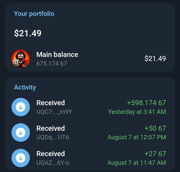 A mobile app screen shows a portfolio balance of $21.49 with activity log entries showing received amounts like +598.174 67, +50 67, and +27 67.