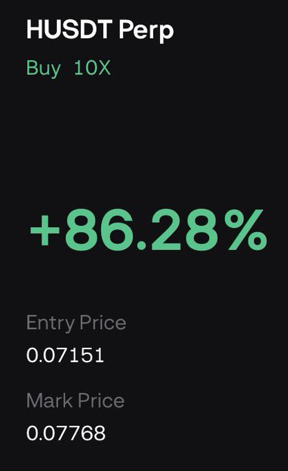 HUSDT perpetual trade shown buying with 10× leverage and a +86.28% gain, rising from a 0.07151 entry price to a 0.07768 mark price. The strong profit supports the poster’s claim of buying every dip and being rewarded.