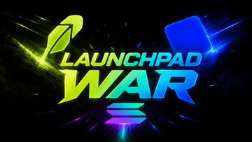 A bold, neon-styled graphic displays the text "LAUNCHPAD WAR" in glowing green and yellow lettering with a rocket icon and abstract digital effects, visually representing the competitive race between crypto token launchpads mentioned in the post.