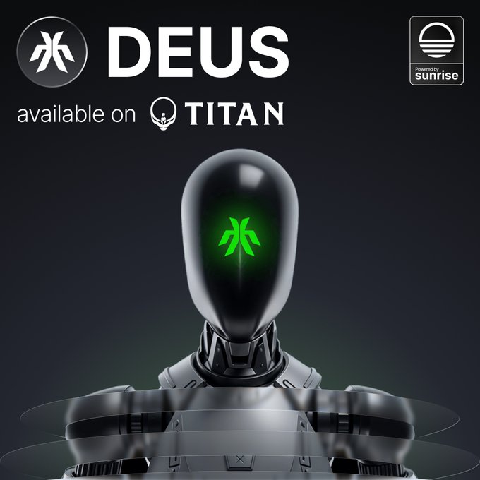 The image shows a robot with a face that has been rendered with a green glow. It appears like a cartoon character or an artificially intelligent machine-like figure against a dark background, creating an interesting contrast between the subject and its surroundings. In the top left corner of the image, there is text stating "DEUS available on Titan". This indicates that the robot's design can be accessed through Titan, which is an online cryptocurrency exchange platform. The post mentions the release date for DEUS on Titan as soon as it becomes available, emphasizing the newness and freshness of the product.