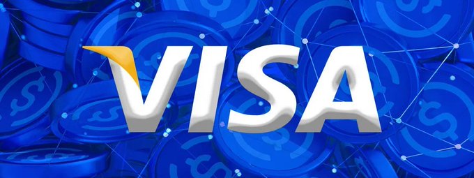 The image prominently displays the Visa logo in white over a background of stacked blue coins and a blockchain network graphic. It visually ties to the accompanying post about Visa's bullish stance on stablecoins as a future payment method for AI agents, with the stylized coins and network nodes symbolizing digital currency and blockchain infrastructure.