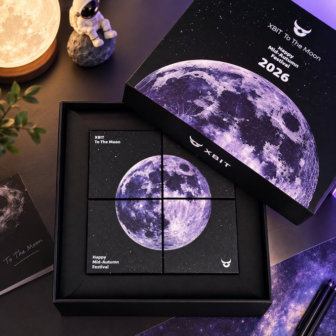 A product photo displays an XBIT 'To The Moon' Happy Mid-Autumn Festival 2026 gift box featuring a moon design, accompanied by a matching greeting card and an astronaut figurine.
