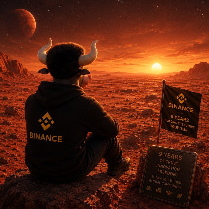 A horned mascot wearing a Binance hoodie sits on a Martian landscape beside a flag reading "BINANCE 9 YEARS BUILDING THE FUTURE TOGETHER" and a plaque celebrating "9 YEARS OF TRUST. INNOVATION. FREEDOM," visually illustrating the rumored collaboration to establish Binance's headquarters on Mars.