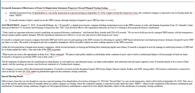 The image shows an Evernorth announcement press release titled "Evernorth Announces Effectiveness of Form S-4 Registration Statement, Progresses Toward Planned Nasdaq Listing," detailing the SEC's effectiveness declaration on August 27, 2026, for the planned business combination with Armada Acquisition Corp. II to list on Nasdaq under ticker "XRPN" as an XRP treasury company, with a shareholder vote scheduled for September 30, 2026, and institutional backing from Ripple, SBI Group, Pantera Capital, Kraken, and GSR.