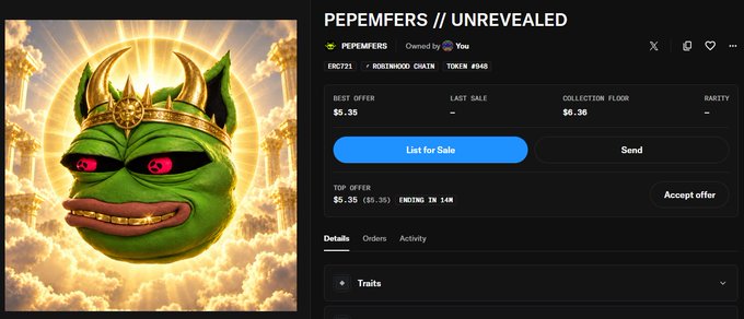 NFT marketplace listing for 'PEPEMFERS // UNREVEALED' on the Robinhood Chain, featuring an image of a green Pepe-like character wearing a golden crown against a heavenly background.