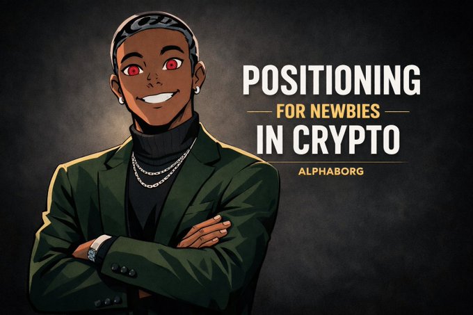 A promotional graphic titled 'POSITIONING FOR NEWBIES IN CRYPTO' by ALPHABORG featuring an illustrated character wearing a green blazer, black turtleneck, silver chain necklaces, and red eyes, with arms crossed.