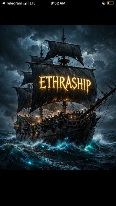 A dramatic, storm-battered pirate ship sails through turbulent teal waters with glowing lanterns, featuring the golden text "ETHRASHIP" emblazoned on its billowing sail—evoking the mysterious, verifiable maritime records the post highlights about shipping vessel event history.