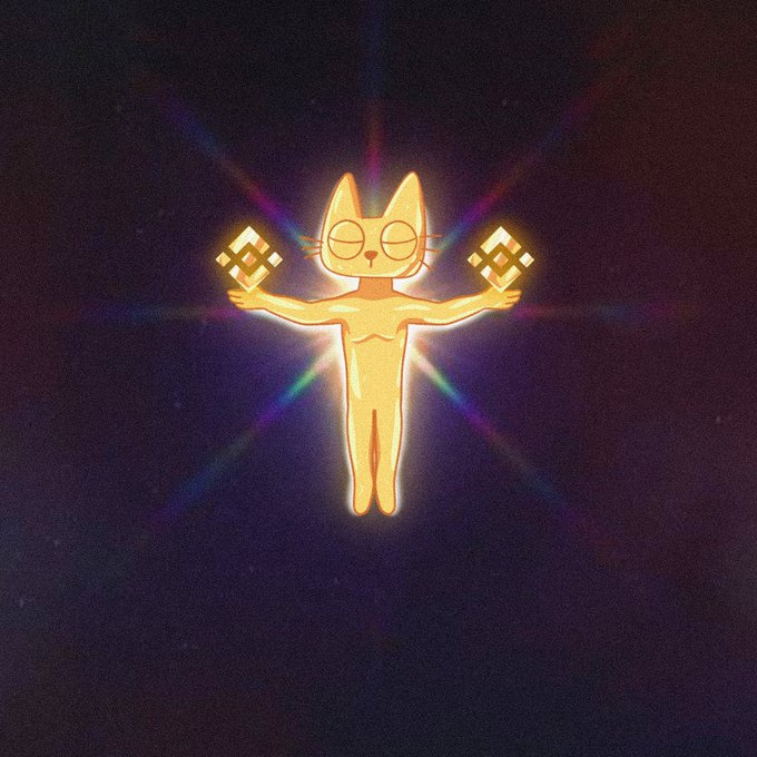 An illustration of a glowing, golden cat-like figure holding two Binance (BNB) cryptocurrency logos, with colorful light rays emanating behind it against a dark background.