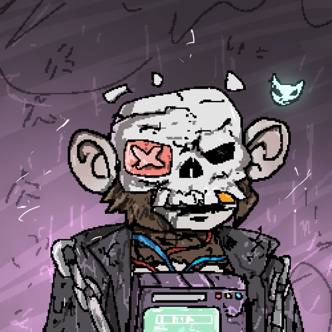 A pixel-art style character with a skull-like face, an X-marked eye patch, and a small gold tooth is depicted alongside a small ghost icon, with a pixelated computer monitor on their chest displaying "ENC" and the number "100." The illustration showcases the hand-drawn, solo-developed artistic style celebrated in the post, serving as a unique honorary piece for the Apex NFTs community.