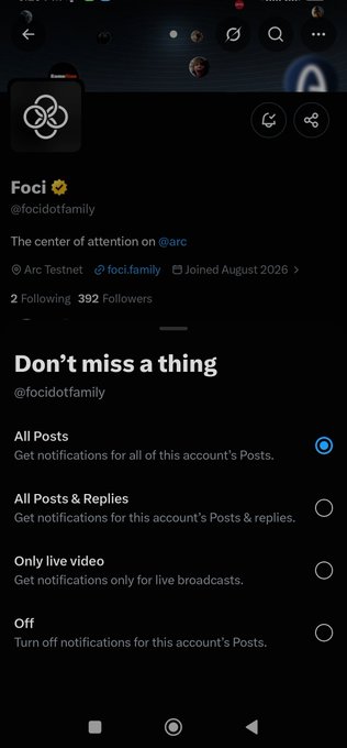 A mobile app notification settings screen for an account named 'Foci' (@focidotfamily) shows options for 'All Posts', 'All Posts & Replies', 'Only live video', and 'Off', with 'All Posts' currently selected.