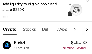 A crypto portfolio screenshot shows the RIVER token priced at $151.37, down $1.2980 (-7.49%), with categories for Crypto, Stocks, DeFi, DApp, and NFT visible.
