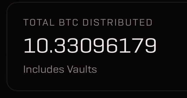 A dark dashboard tile displays "TOTAL BTC DISTRIBUTED" with the figure "10.33096179" and the note "Includes Vaults." This supports the post by visually quantifying the claim that over 10 BTC has already been removed from the open market through SatRushIO.