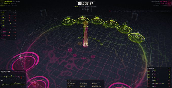 A dark-themed video game HUD showing a price of $0.002167, with green and pink glowing circular structures arranged on a grid, along with various UI elements and leaderboards.