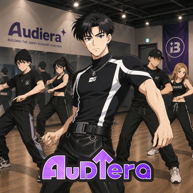 An anime-style promotional image for 'Audiera' featuring a dark-haired male character in black athletic wear leading a group of dancers, with the tagline 'Building the Agent Economy Together.'