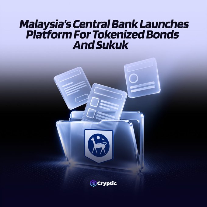 An illustrated news graphic reads, “Malaysia’s Central Bank Launches Platform For Tokenized Bonds And Sukuk,” above glowing digital bond documents emerging from a wallet-like case bearing a deer emblem. The Cryptic logo appears at the bottom, accompanying the announcement of Bank Negara Malaysia’s SSDS+ platform for tokenized bonds and sukuk.