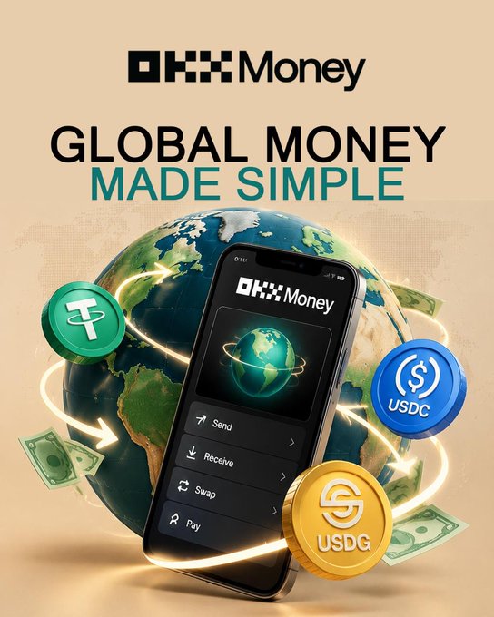 A promotional graphic for “OKX Money” shows the headline “GLOBAL MONEY MADE SIMPLE,” a smartphone in front of a globe, and floating cryptocurrency coins including Tether, USDC, and USDG.