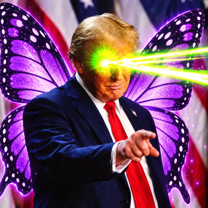 An edited image of Donald Trump in a suit and red tie pointing at the viewer, featuring laser eyes and purple butterfly wings against an American flag background.