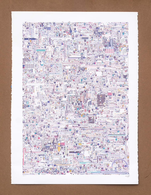 A densely intricate artwork by James Merrill titled "BUSY" is mounted on a brown background, featuring a chaotic collage of countless tiny illustrations, symbols, patterns, and text fragments rendered in pastel purples, pinks, blues, and yellows. The piece visually embodies its title and theme of complexity, transforming a meticulously layered digital composition into a tangible printed work that rewards close inspection with hidden details.
