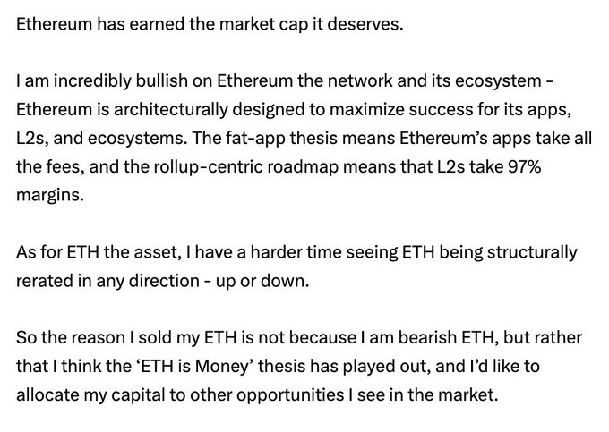 The image features a text written by an author named David Hoffman, who sold his ETH holdings after reading about the thesis that the Ethereum network is moneyless. The caption below the image reads "ETH Is Money" and explains why he sold his ETH holdings.