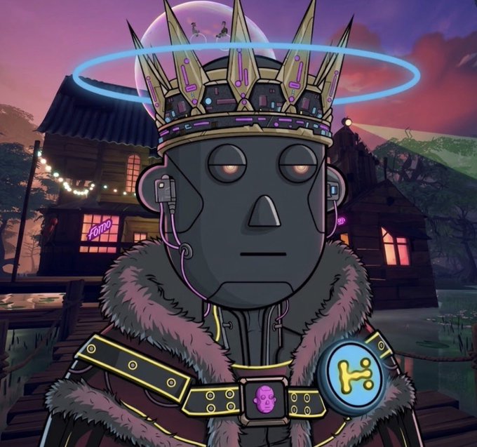 A digital illustration of a stylized robot-like character wearing a large ornate crown, fur-lined cloak, and a glowing halo, set against a twilight village backdrop.