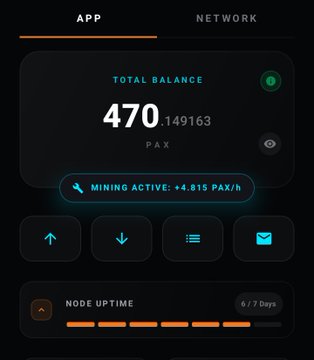 The image shows a dashboard displaying a total balance of 470.149163 PAX with "MINING ACTIVE: +4.815 PAX/h" and a node uptime of 6/7 days. It illustrates the Parallax Network mining app in action, visualizing the ongoing token accrual referenced in the post as the next opportunity after Interlink's early growth phase.