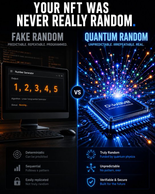 An infographic titled 'YOUR NFT WAS NEVER REALLY RANDOM,' comparing 'Fake Random' (deterministic, sequential) versus 'Quantum Random' (truly random, verifiable & secure).