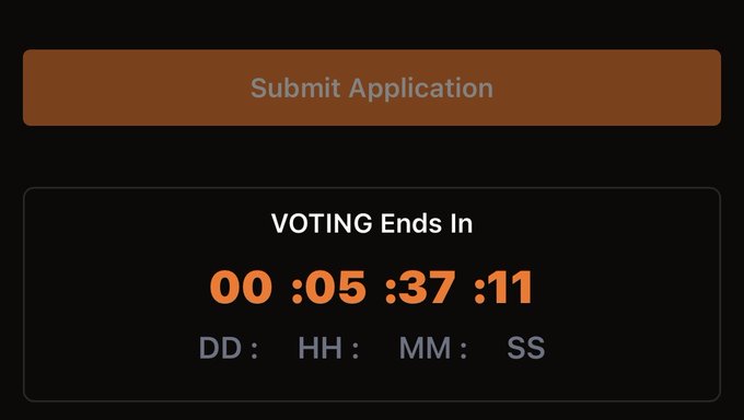 A dark interface showing a 'Submit Application' button at the top and a voting countdown timer labeled 'VOTING Ends In' showing 00:05:37:11 (DD:HH:MM:SS).