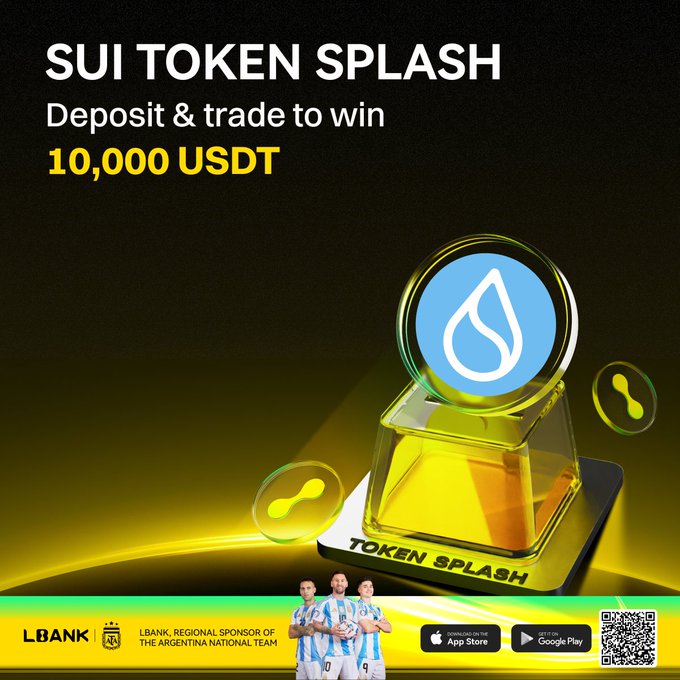 A promotional graphic for LBank's "SUI Token Splash" campaign featuring a stylized SUI token trophy and floating SUI logos, advertising a 10,000 USDT prize pool for users who deposit and trade $SUI on LBank, which is highlighted as the regional sponsor of the Argentina National Team.