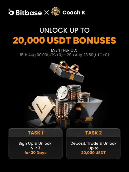 A promotional advertisement for Bitbase x Coach K offering up to 20,000 USDT bonuses, with event period from 15th Aug to 29th Aug and tasks to sign up for VIP 3 or deposit and trade.