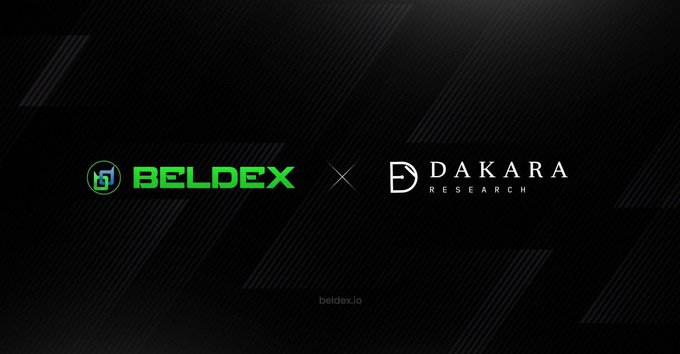 A black banner displaying a partnership between 'BELDEX' and 'DAKARA RESEARCH' separated by an 'x', with the website 'beldex.io' at the bottom.
