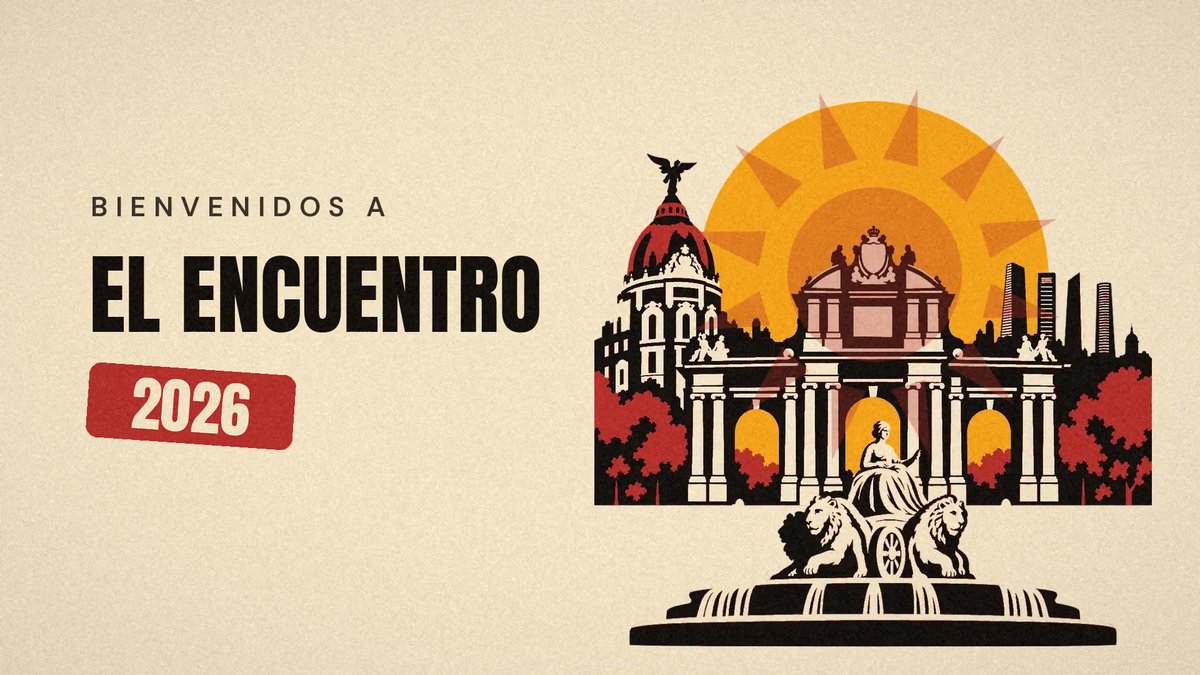 The image is a promotional banner for "El Encuentro 2026" with "Bienvenidos a El Encuentro 2026" text on the left, and features an illustrated Madrid skyline with landmarks like the Cybele Palace, Cibeles fountain with lions, and a rising sun graphic on the right.

The banner visually reinforces the post's announcement of the Solana event coming to Madrid by depicting iconic Malasaña-area landmarks and the date, inviting attendees to "mark your calendar: October 26."