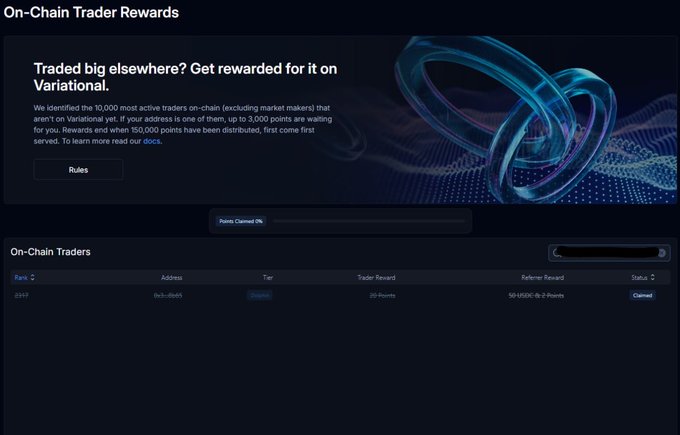 The image shows the "On-Chain Trader Rewards" page on Variational, where the top 10,000 most active on-chain traders (excluding market makers) who aren't on Variational yet can earn up to 3,000 points (50 USDC for every 150,000 points), with rewards ending when 150,000 points have been distributed. The "On-Chain Traders" table displays a single entry with address "0x3...6b45," Tier "Dolphin," 30 Points earned, a Referrer Reward of 50 USDC (0-2 Points), and a "Claimed" status, directly illustrating the user's success in referring a top trader with a "Dolphin" tier.
